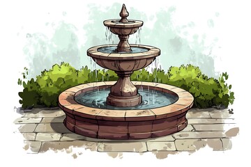 Water Feature Illustration,  Stone Fountain with Lush Greenery