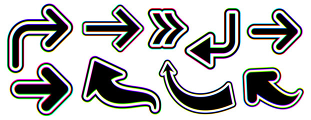 Collection of glitch-style arrows and recycling symbols with vibrant distortion. Vector illustration for tech and eco-themed designs.