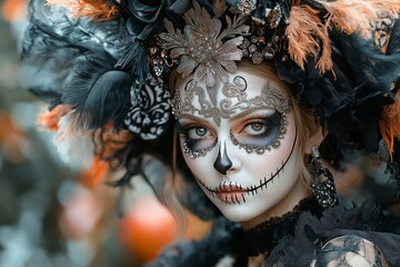 Intricate sugar skull makeup with ornate accessories for Day of the Dead.