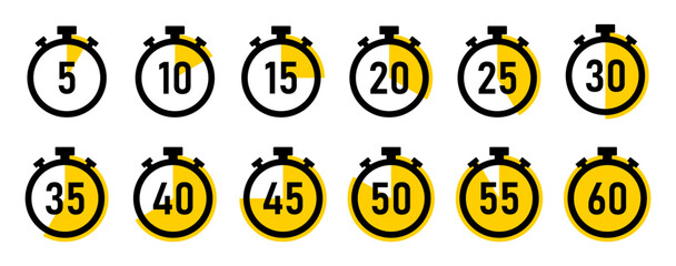 Stopwatch timer countdown clock set with 5 to 60 minutes in yellow color on white background. Timer set vector icon collection. 5 minutes timer set. Cooking time vector. Countdown timer symbol set.