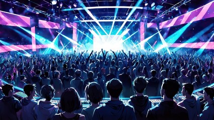 A vibrant concert scene with a cheering crowd and dazzling lights, capturing the energy of live music events.
