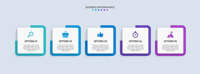 Horizontal progress bar featuring 5 arrow-shaped elements, symbolizing the five stages of business strategy and progression. Clean timeline infographic design template. Vector for presentation