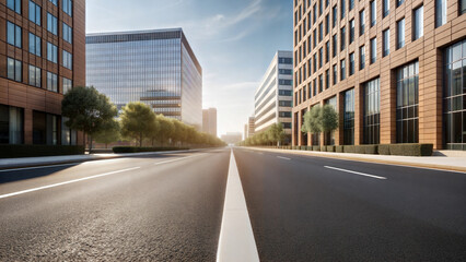 Close-up clean empty road between modern office buildings