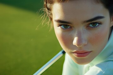 Focused female golfer prepares to putt on a beautiful sunny day, showcasing concentration and determination on the golf course