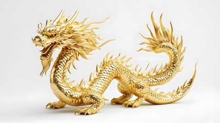 Detailed 3D Model of a Golden Chinese Dragon Statue Isolated on White for Artistic and Cultural Representation