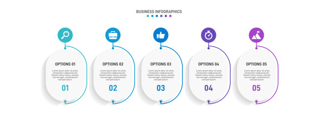 Horizontal progress bar featuring 5 arrow-shaped elements, symbolizing the five stages of business strategy and progression. Clean timeline infographic design template. Vector for presentation