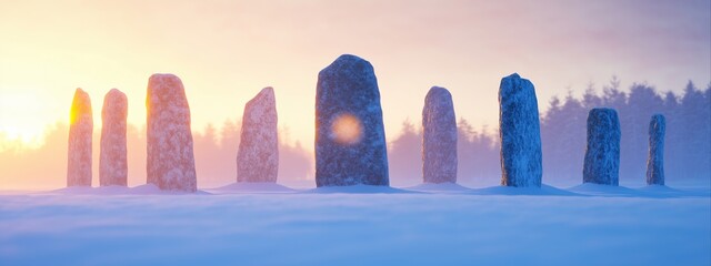 Stone circle illuminated by sunrise on snowy field. Pagan New Year and winter solstice celebration concept. Image for greeting card, banner with copy space.