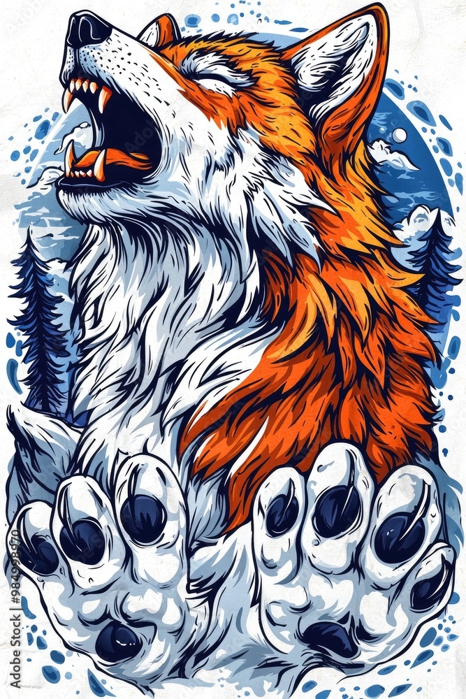 Sticker Howling Wolf Illustration with Mountains in the Background