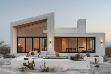 Modern minimalist home in a desert landscape, featuring large glass windows and cactus garden.