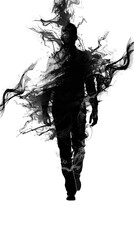 A silhouette of a man walking through a cloud of smoke, creating a mysterious and ethereal effect.