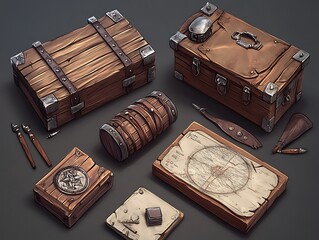 Wooden treasure chest, barrels, and other props. 3D model set for game or animation design.
