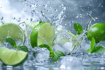 Tableau sur plexiglas  Water Splash With Mint Leaves  Ice Cubes And Slices Of Lime  © Isuru