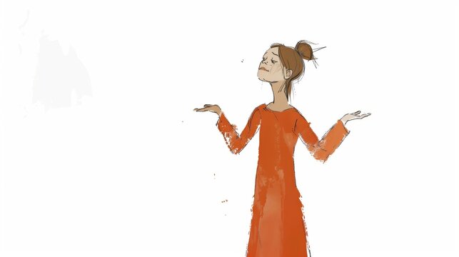 A woman in a stylized orange outfit expresses her frustration with a sad face while standing alone in a minimalist space. Generative AI