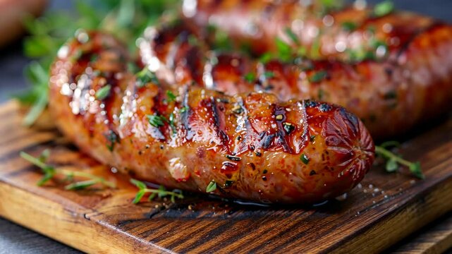Sizzling grilled sausages cooked to perfection with a herb marinade at the weekend barbecue