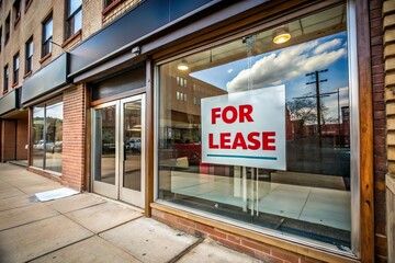 For lease sign in shop window. Store close and economic recession concept