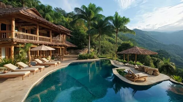 A large pool with a house in the background. The pool is surrounded by lounge chairs and umbrellas