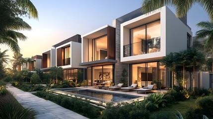 Fototapeta premium Vibrant Modern Townhouses and Villas Showcasing Investment Opportunities in the Real Estate Market