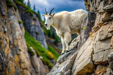 White mountain goat standing on high rocky cliff in wilderness