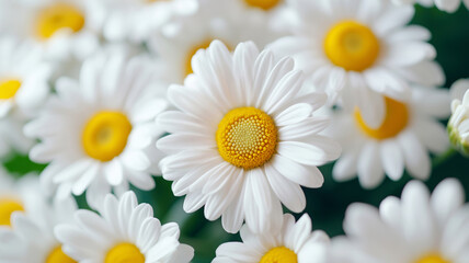 Fototapeta premium A close-up shot of daisy flowers featuring vibrant white petals and sunny yellow centers, arranged beautifully against a lush green background.