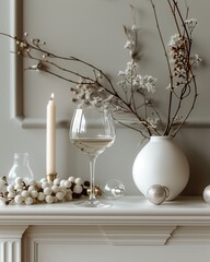A stylishly arranged tabletop featuring a glass of white wine, a lit candle, and decorative twigs in a vase, creating a serene atmosphere ideal for celebrations or elegant dining settings,
