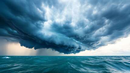 A dramatic seascape featuring dark, brooding clouds hovering over a turbulent ocean, suggesting an impending storm.