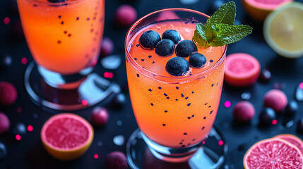 Refreshing Fruit Cocktail With Blueberries and Mint on a Dark Surface With Citrus Accents