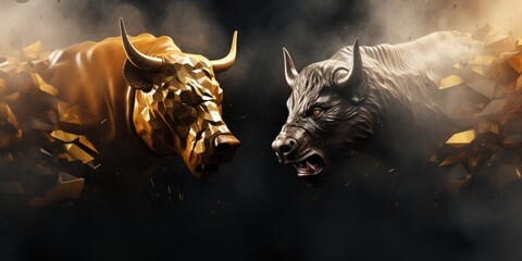 bull and bear bitcoin market in gold and black color or crypto market concept 