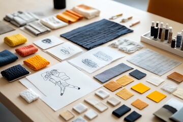 A creative mood board for an upcoming art project, with fabric swatches, sketches, and inspirational quotes