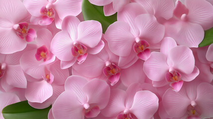 A close-up of delicate pink orchid flowers, showcasing their intricate petals and lush green leaves, creating a vibrant and refreshing floral display.