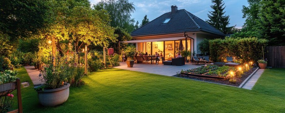 Peaceful suburban backyard garden with smart lighting and people enjoying an evening gathering under a pergola surrounded by lush greenery and a manicured lawn