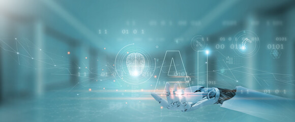 AI: Innovation, intelligence, automation. Hands of robot hold AI and brain icon, technology, data, analytics, creativity.