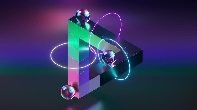 A surreal 3D geometric structure with glowing neon orbs and an optical illusion effect, set against a vibrant dark background.