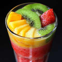 Close-up of a colorful fruit smoothie in a glass