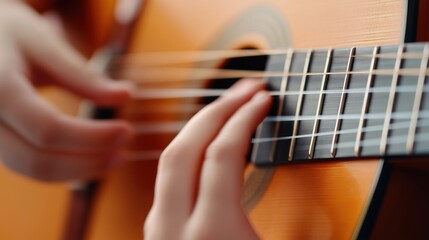 Fototapeta premium A close up of a person playing an acoustic guitar, AI