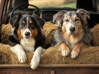 Two dogs laying in the back of a truck with hay.