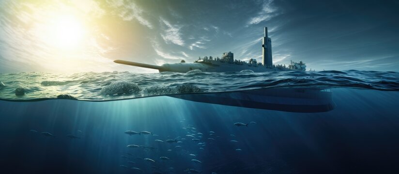 Generic military nuclear submarine floating in the middle of the ocean with a fighter jet, submarine, underwater view - Powered by Adobe