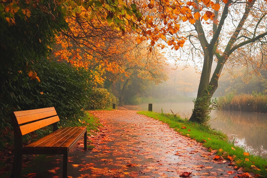 Beautiful autumn scene, park bench and path with falling golden and orange leaves