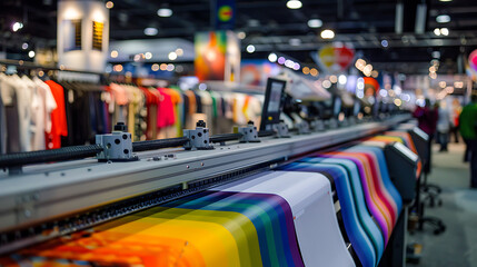 a row of large format printers producing colorful prints, likely at a trade show or print shop