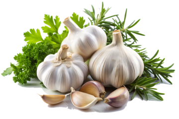 Garlic and herbs on transparent background
