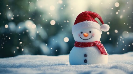 A cheerful snowman wearing a red Santa hat and scarf stands in a snowy landscape with falling snowflakes and a blurred forest background.