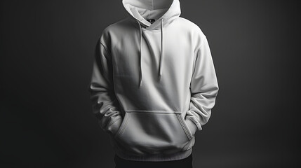 a plain white hoodie with a hood, drawstrings, and a front pouch pocket. It’s displayed against a dark background