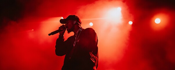 Young man singing on stage with red stage lights and fog behind him