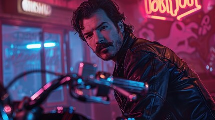 Fototapeta premium Retro-Themed Motorcycle Advertisement with Man in Leather Jacket Under Neon Signs