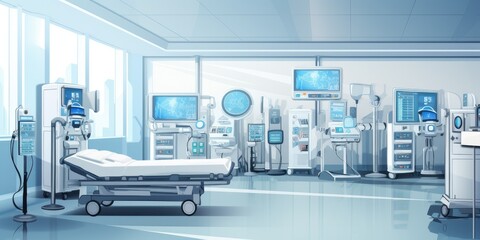 ICU intensive care unit room ward with life support at hospital medical care emergency, biometrics and urgent monitoring and health care service 