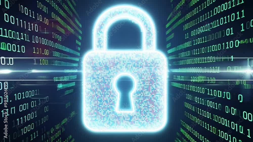 Aufkleber A glowing digital padlock stands out against a backdrop of cascading binary code, illustrating the importance of cybersecurity and data integrity in today's digital age.