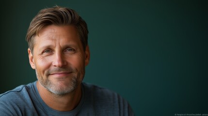 Obraz premium A mid-40s Caucasian man with short brown hair and a clean-shaven face, smiling confidently against a deep green background