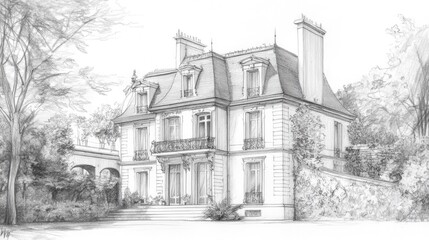 Detailed pencil sketch of a grand, French-style mansion with a balcony, a symmetrical facade, and a stone archway in the foreground.