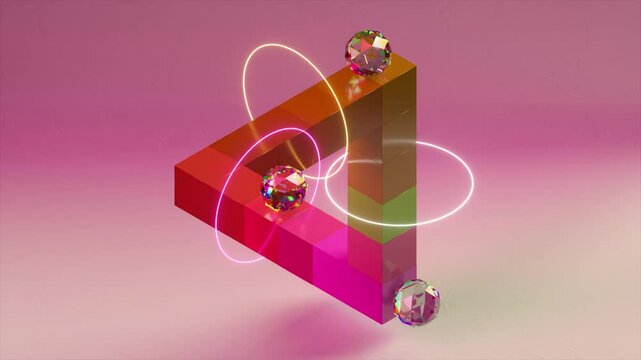 A vibrant 3D geometric structure creating an optical illusion, featuring neon rings and crystal-like spheres, set against a pink gradient background.