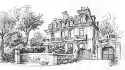 Fototapeta premium Hand drawn sketch of a French style mansion.