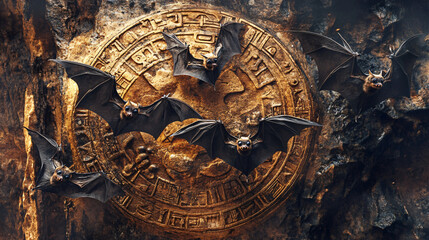 Naklejka premium A detailed composition of bats flying around a mystical artifact covered in ancient symbols.
